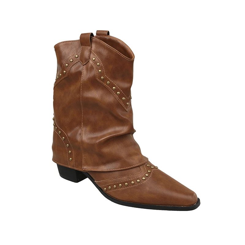 Teagan | Women's Studded Western Ankle Boots – Pointed Toe, Slouchy Shaft, Block Heel – Cognac