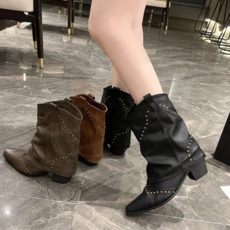 Teagan | Women's Studded Western Ankle Boots – Pointed Toe, Slouchy Shaft, Block Heel