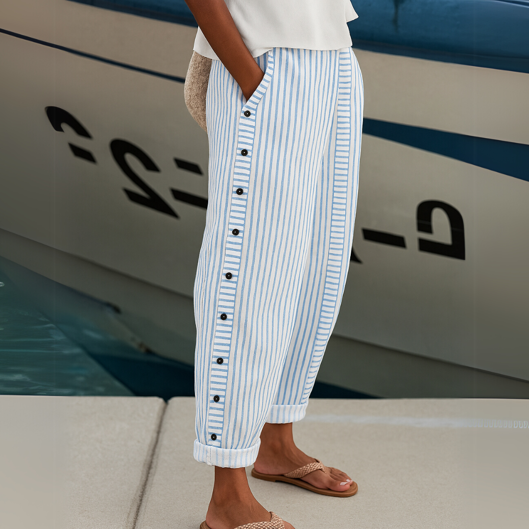 Tessa – Women's Pinstripe High-Waisted Pants – Button Detail, Straight Leg