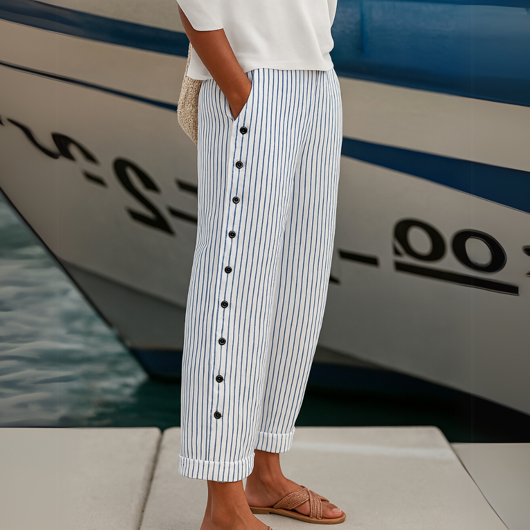 Tessa – Women's Pinstripe High-Waisted Pants – Button Detail, Straight Leg