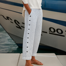 Tessa – Women's Pinstripe High-Waisted Pants – Button Detail, Straight Leg