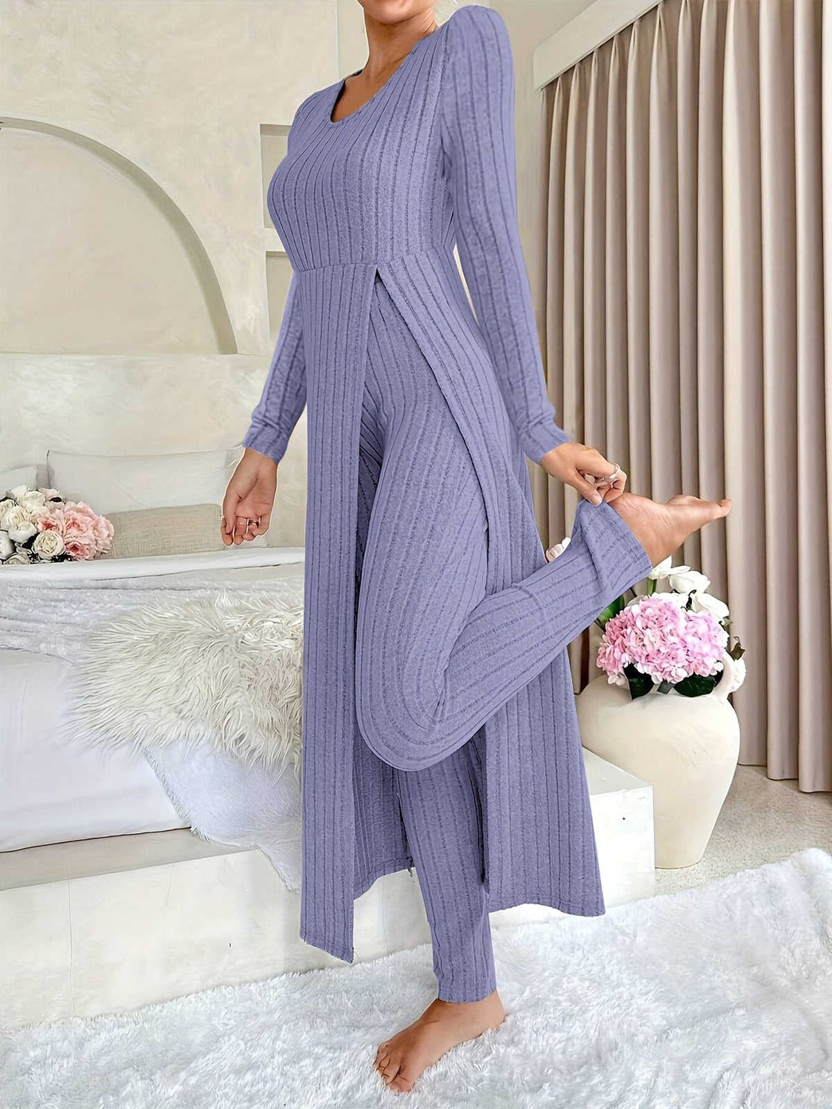 Thea | Women's Ribbed Knit Two-Piece Set – Long Sleeve Top and Pants – Purple