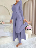 Thea | Women's Ribbed Knit Two-Piece Set – Long Sleeve Top and Pants – Purple