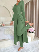 Thea | Women's Ribbed Knit Two-Piece Set – Long Sleeve Top and Pants – Green
