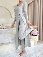 Thea | Women's Ribbed Knit Two-Piece Set – Long Sleeve Top and Pants – Grey