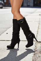 Valentina | Women's Knee-High Stiletto Boots – Slouchy Suede-Look Shaft, Ring Buckle Straps