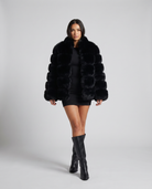 Vanessa | Women's Faux Fur Tiered Jacket – Cropped, Collarless, Plush Panels