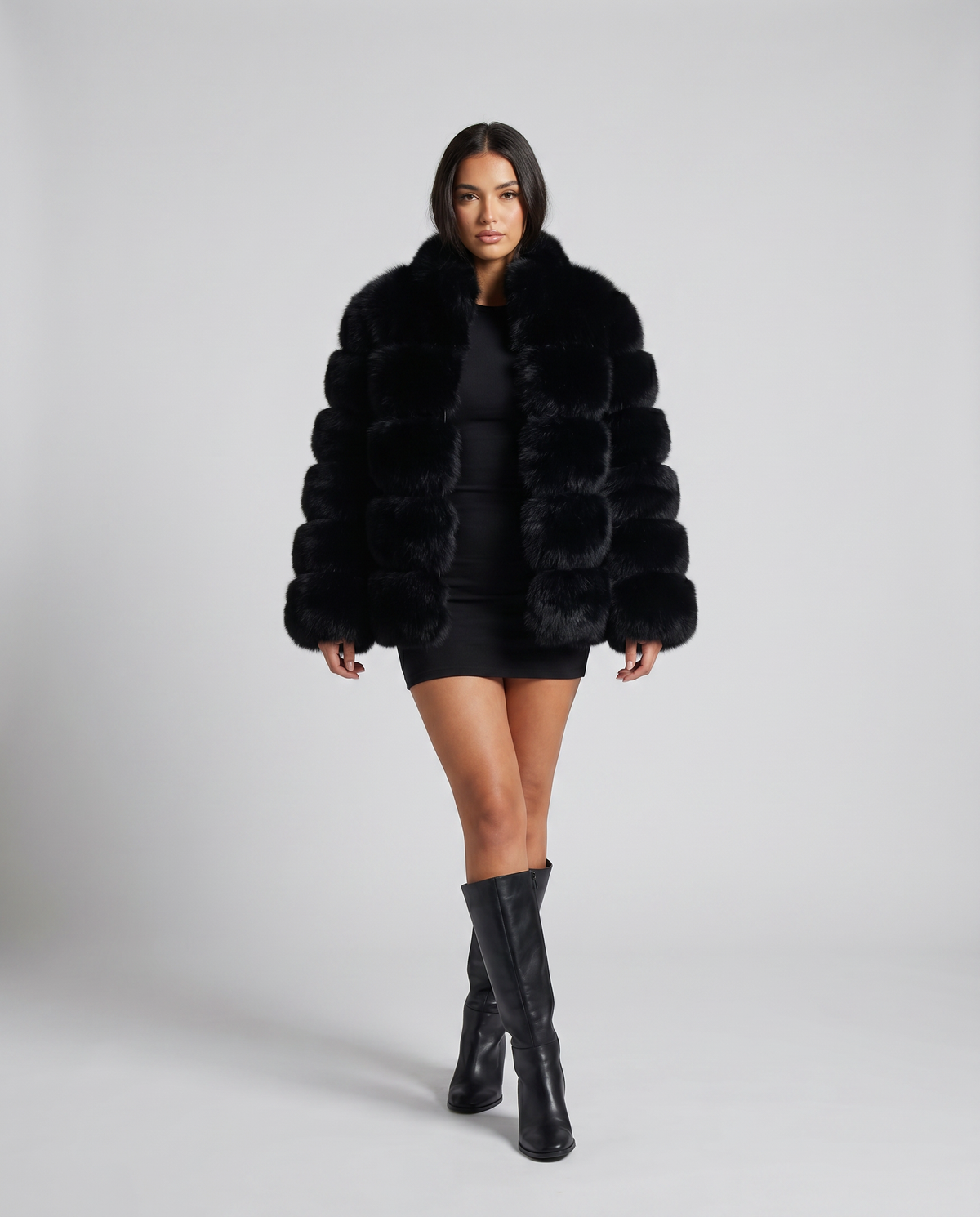 Vanessa | Women's Faux Fur Tiered Jacket – Cropped, Collarless, Plush Panels