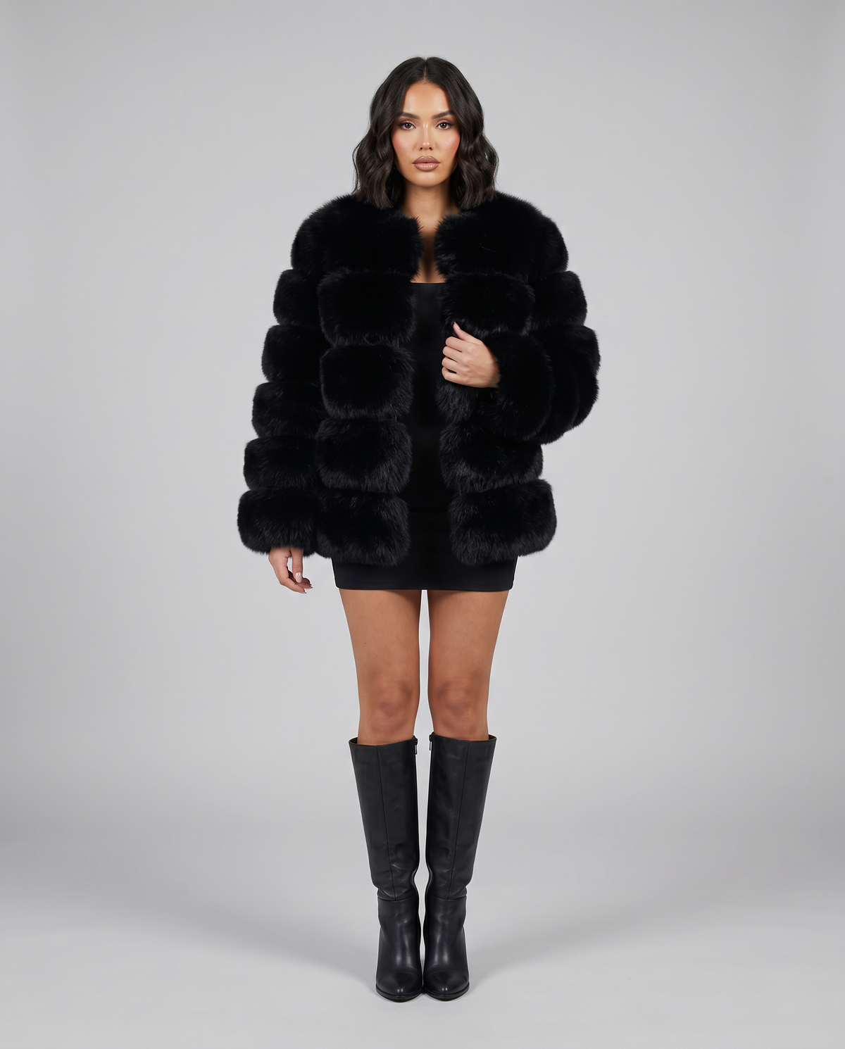 Vanessa | Women's Faux Fur Tiered Jacket – Cropped, Collarless, Plush Panels