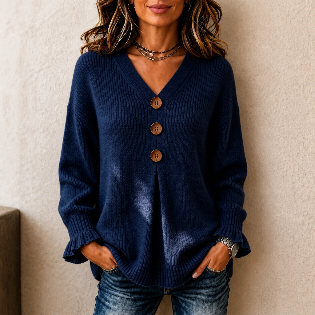 Romy | Women's V-Neck Ribbed Knit Pullover – Hip-Length Sweater