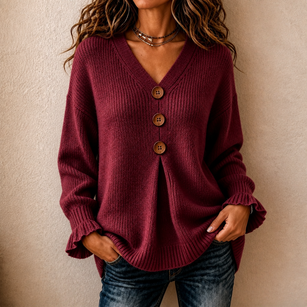 Romy | Women's V-Neck Ribbed Knit Pullover – Hip-Length Sweater