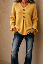 Romy | Women's V-Neck Ribbed Knit Pullover – Hip-Length Sweater