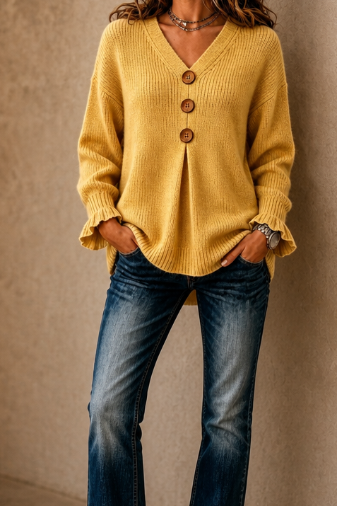 Romy | Women's V-Neck Ribbed Knit Pullover – Hip-Length Sweater