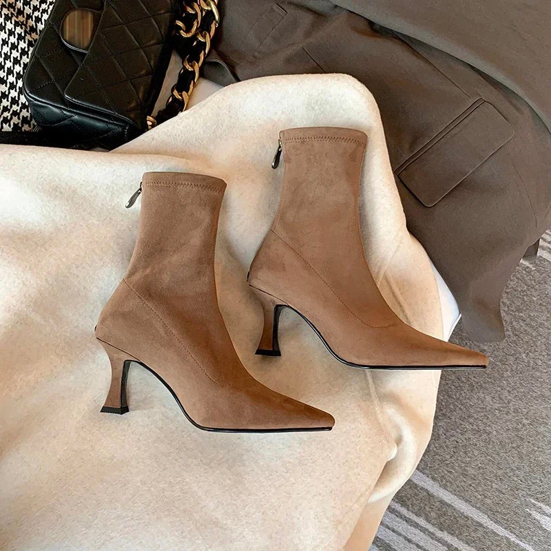 Vida | Women's Pointed Toe Sock Ankle Boots – 2 Inch Block Heel Booties