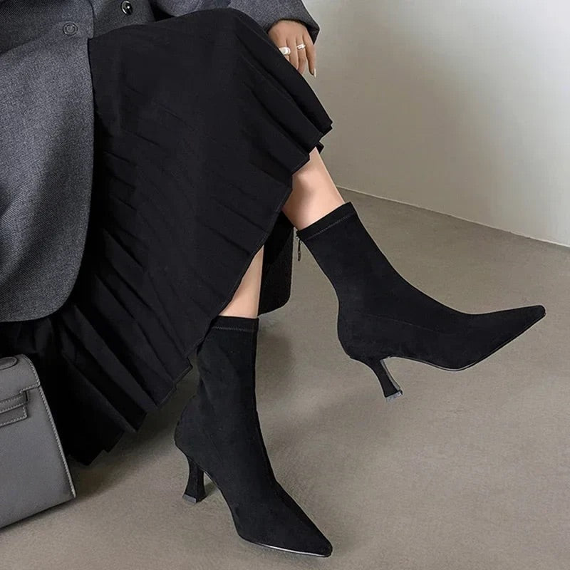 Vida | Women's Pointed Toe Sock Ankle Boots – 2 Inch Block Heel Booties – Black