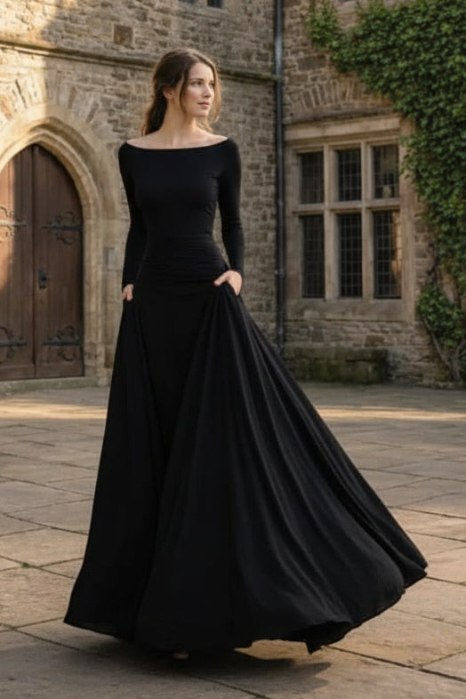 Vivian – Women's Draped Long Sleeve Maxi Dress – Gathered Waist, Black