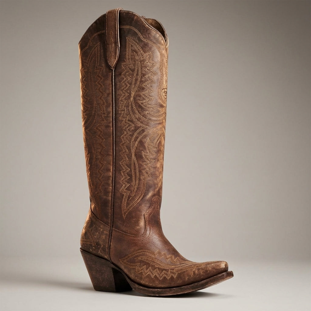 Winona | Women's Knee-High Western Boots – Vegan Leather-Look, Block Heel – Chocolate Brown