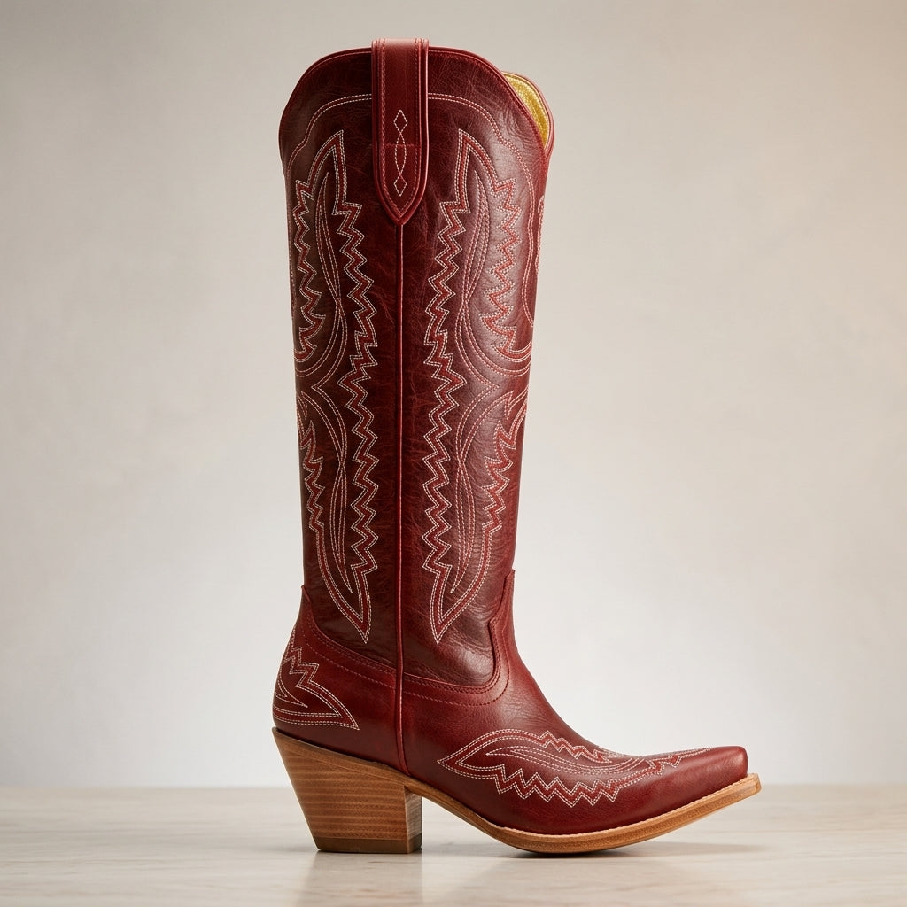 Winona | Women's Knee-High Western Boots – Vegan Leather-Look, Block Heel – Red