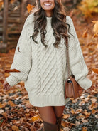 Zoe | Women's Textured Knit Sweater Dress – Long Sleeve Crew Neck Midi Dress – White