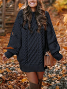 Zoe | Women's Textured Knit Sweater Dress – Long Sleeve Crew Neck Midi Dress – Black