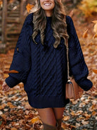 Zoe | Women's Textured Knit Sweater Dress – Long Sleeve Crew Neck Midi Dress – Navy