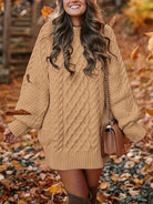 Zoe | Women's Textured Knit Sweater Dress – Long Sleeve Crew Neck Midi Dress – Apricot