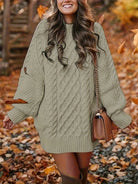 Zoe | Women's Textured Knit Sweater Dress – Long Sleeve Crew Neck Midi Dress – Olive Green